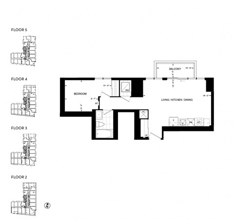 Floor plan for 1 bed, 1 bath, 633 sqft
